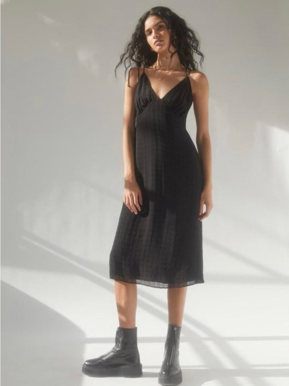 Aritzia Black V-Neck Midi Slip Dress with Spaghetti Straps